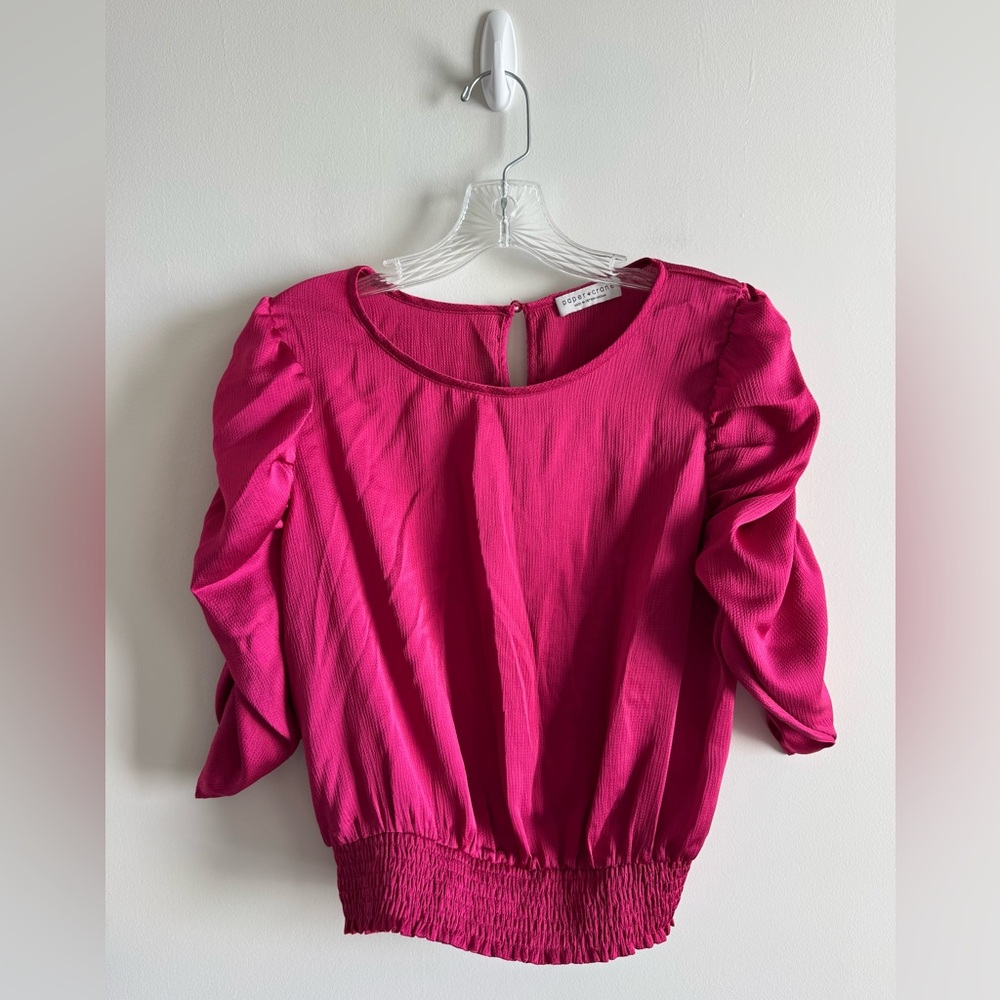 Paper Crane Ruched Sleeves Elastic Waistband Fuchsia Blouse